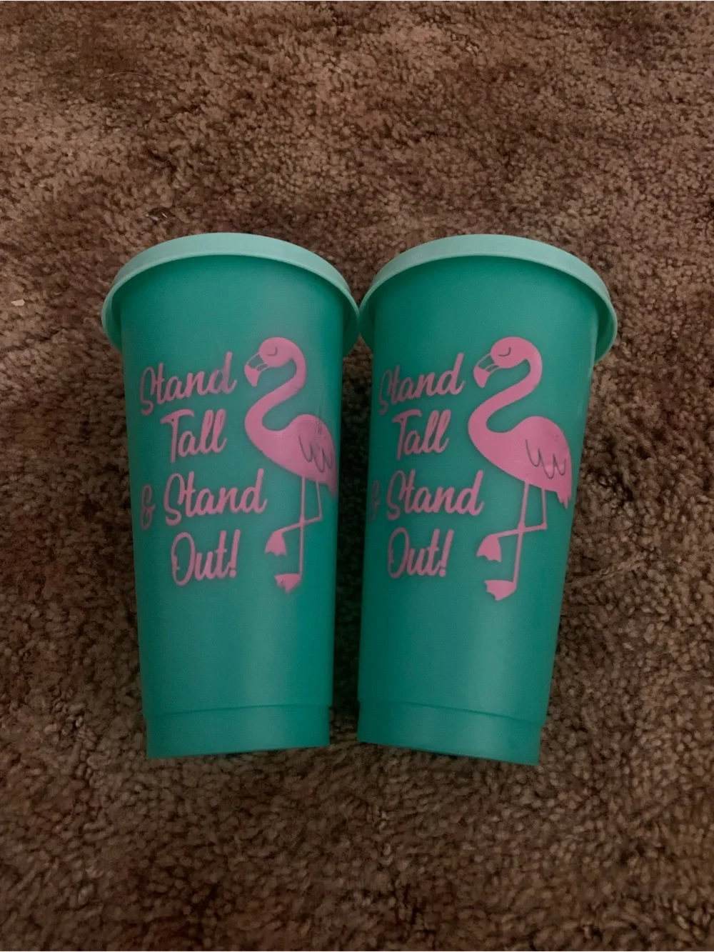 Turquoise Plastic Cups with Pink Flamingo Design - Stand Tall & Stand Out!